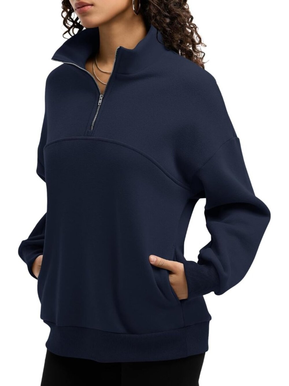 🆕Women's Navy Blue Fleece Quarter Zipper Pullover Oversized Half Zip Hoodie